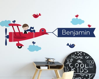 Airplane Boy Name Banner Fabric Wall Decal: Personalized Travel Transportation Baby Nursery Kids Decor - REUSABLE