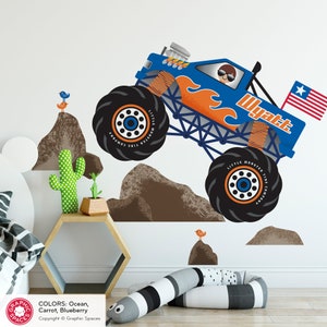 Monster Truck Fabric Wall Decal Personalized Name Kids Transportation Boy Vehicle Wall Sticker - REUSABLE