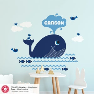 Whale Fabric Wall Decal: Personalized Name Ocean Nursery Reusable Swimming Right