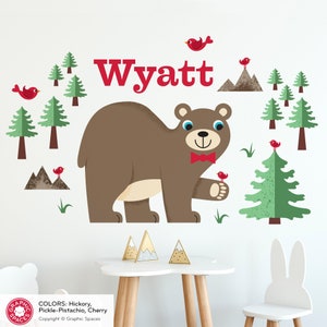 Happy Bear Nursery Fabric Wall Decal, Kids Personalized Name, Reusable Pickle-Pistachio