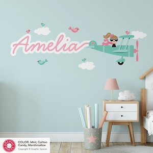 Airplane Girl Name Fabric Wall Decal Personalized Skywriter Travel Nursery Baby Kids, Cursive Script REUSABLE image 3