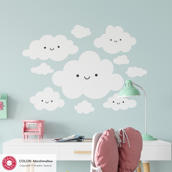 Happy Clouds Fabric Wall Decal Peel and Stick Baby Nursery Kids Kawaii Room Decor, Re-positional, Removable (Pack of 24)