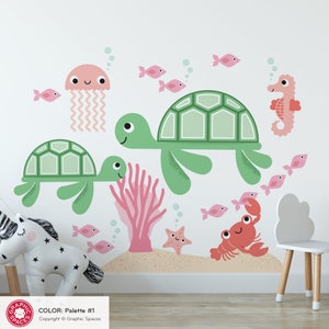 Sea Turtle & Ocean Friends FABRIC Wall Decal, Baby Underwater Nursery, Under the Sea Kids Room Decor - REUSABLE