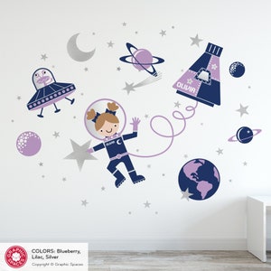 Space Walk Girl Fabric Wall Decal Personalized Name Rocket Capsule, UFO, Astronaut, Planets, Stars, Moon Baby Nursery Kids REUSABLE image 1