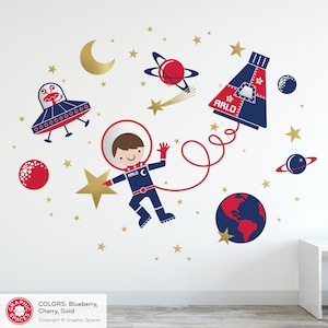 Space Walk Boy Fabric Wall Decal Personalized Name Rocket Capsule, UFO, Astronaut, Planets, Stars, Moon Baby Nursery Kids REUSABLE image 1