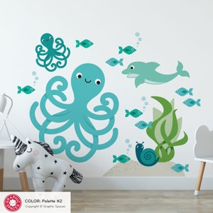 Octopus & Ocean Friends Fabric Wall Decals Under-the-Sea Nursery Kawaii Sea Life Underwater Kids Room Decor REUSABLE Palette #2