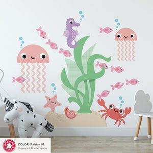 Jellyfish & Ocean Friends Fabric Wall Decals: Under the Sea Tropical Baby Nursery Sea Life Underwater Beach Kids Wall Stickers REUSABLE Palette #1