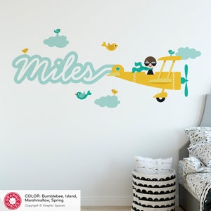 Airplane Boy Name Fabric Wall Decal Personalized Skywriter Cursive Script Travel Transportation Nursery Baby Kids REUSABLE Spring