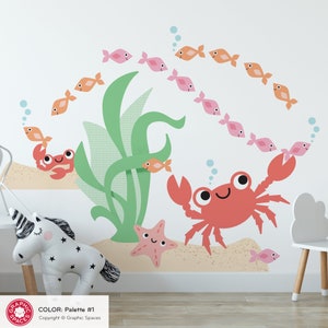 Happy Crab & Friends Fabric Wall Decals: Ocean Under the Sea Baby Nursery Underwater Sea Life Kids Beach Room Decor - REUSABLE