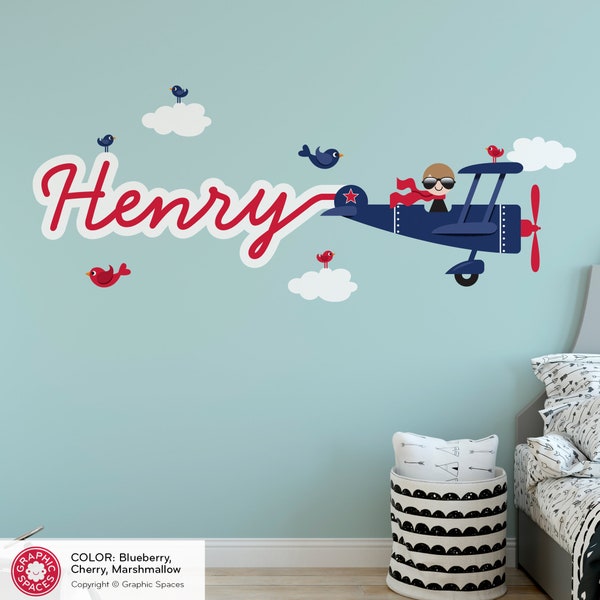 Airplane Boy Name Fabric Wall Decal Personalized Skywriter Cursive Script Travel Transportation Nursery Baby Kids - REUSABLE