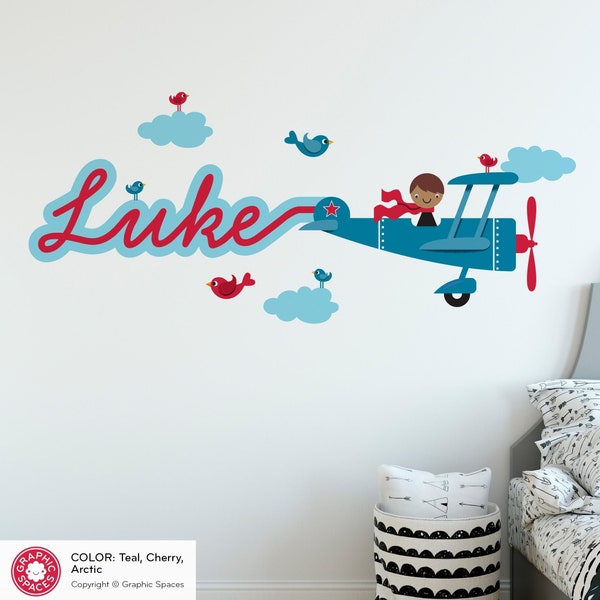 Airplane Fabric Wall Decal Boy Name Skywriter Baby Travel Nursery Kids Personalized Wall Sticker - REUSABLE