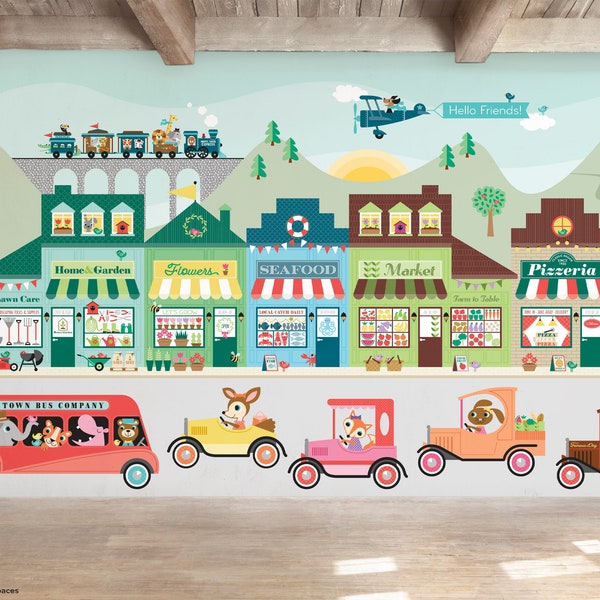 Happy Town WALLPAPER Mural (5) Building Shops, Village City Street, Transportation, Airplane, Train, Animals in Cars, Kids Playroom