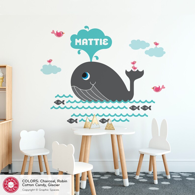 Whale Fabric Wall Decal: Personalized Name Ocean Nursery Reusable Swimming Left