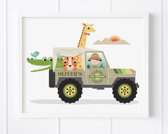 Safari Animal Jeep Boy Art Print, Whimsical Baby Nursery Art, Kids Safari Jungle Wall Art - Personalized BOY