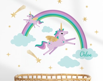 Unicornio arcoíris personalizado - Vinilo decorativo de tela - Cuento de hadas para habitación infantil (morado)