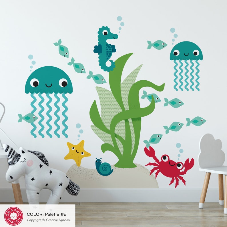 Jellyfish & Ocean Friends Fabric Wall Decals: Under the Sea Tropical Baby Nursery Sea Life Underwater Beach Kids Wall Stickers REUSABLE Palette #2