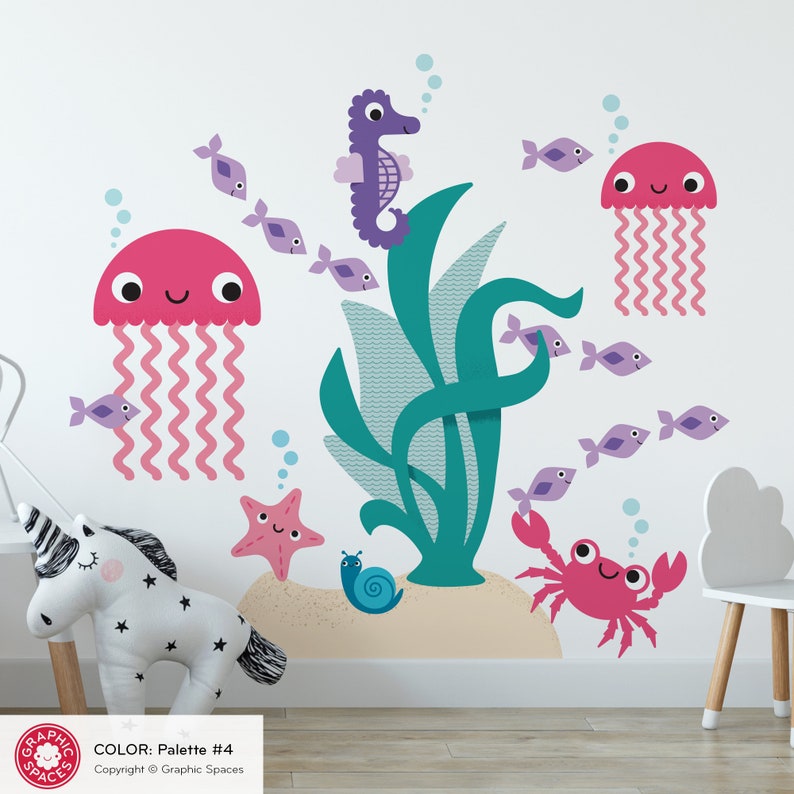 Jellyfish & Ocean Friends Fabric Wall Decals: Under the Sea Tropical Baby Nursery Sea Life Underwater Beach Kids Wall Stickers REUSABLE Palette #4