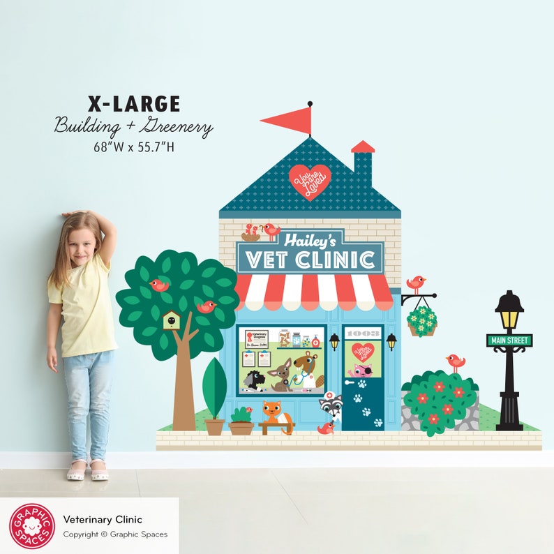 Vet Clinic Fabric Wall Decal, Personalized Kids Animal Hospital Happy Town City Building, Pretend & Dramatic Play, Reusable M, L, XL XL Bldg+Greenery