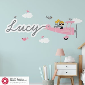 Airplane Girl Name Fabric Wall Decal Personalized Skywriter Cursive Script Travel Nursery Baby Kids REUSABLE image 3