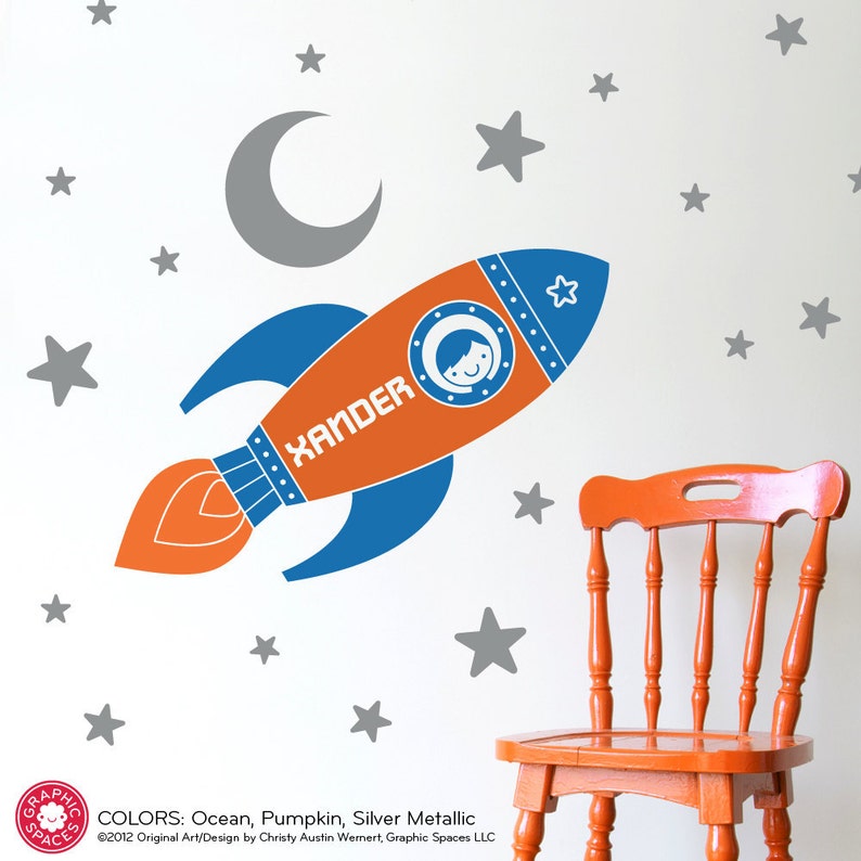 Rocket Wall Decal Boy's Name Outer Space Nursery Kids Room Etsy
