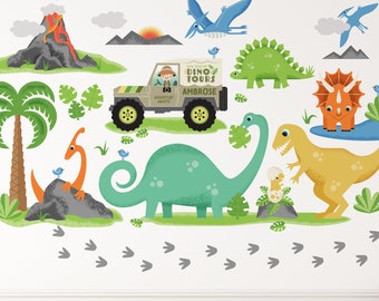 Dinosaur Safari Tour Fabric Wall Decals - Personalized Name Jeep, Kids Baby Nursery - BOY