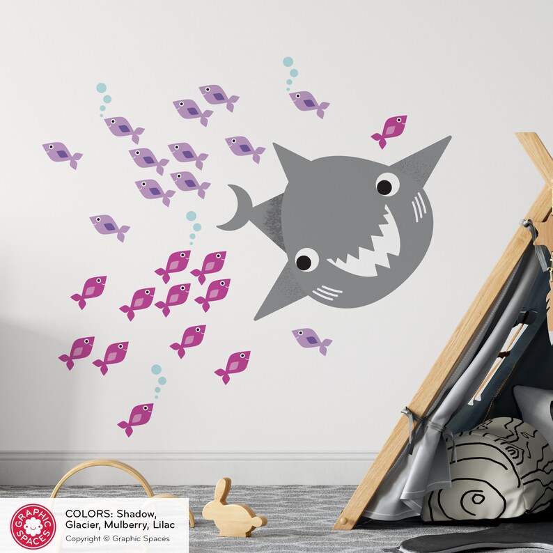Happy Shark & Fish Fabric Wall Decals: Ocean Sea Life Underwater Nursery REUSABLE image 6
