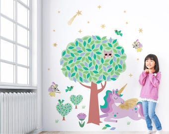 Árbol de cuento de hadas con unicornio - Vinilo decorativo de tela - Guardería infantil (morado)