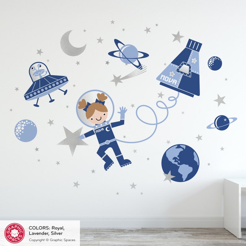 Space Walk Girl Fabric Wall Decal Personalized Name Rocket Capsule, UFO, Astronaut, Planets, Stars, Moon Baby Nursery Kids REUSABLE image 3