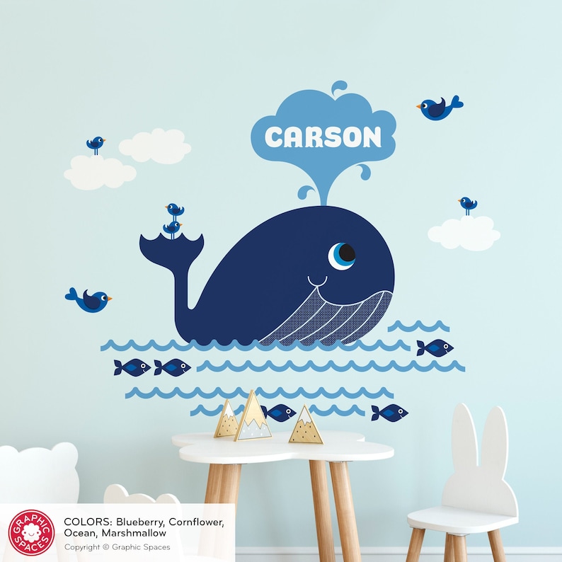 Whale Fabric Wall Decal: Personalized Name Ocean Nursery Reusable Swimming Right