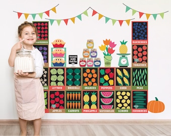 Set de frutas y verduras de mercado agrícola - Vinilo decorativo de tela para pared - Fondo XL para exhibición de comestibles de juguete