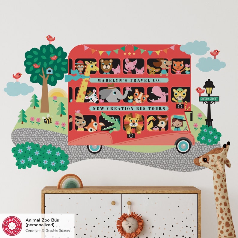 Animal Zoo London Bus Fabric Wall Decal, Personalized GIRL Driver image 1