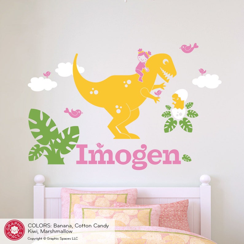 TRex Dinosaur Wall Decal Girl Name Personalized Cute Dino Etsy