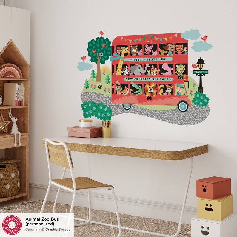 Animal Zoo London Bus Fabric Wall Decal, Personalized GIRL Driver image 2