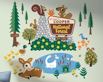 Señal de entrada al Bosque Nacional - Vinilos decorativos de tela - Guardería de animales para acampar en el bosque (personalizada)