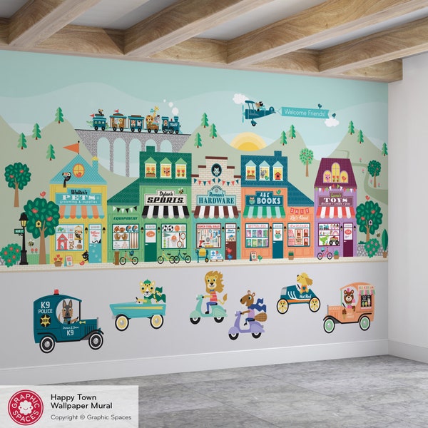 Happy Town Wallpaper Mural (5) Building Shops, Village City Street, Transportation, Airplane, Train, Animals in Cars, Kids Playroom