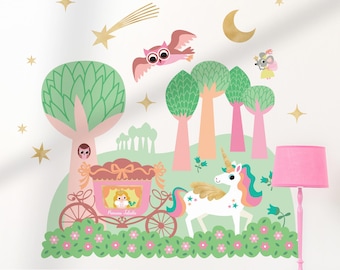 Carruaje de Princesa Unicornio - Vinilo decorativo de tela - Cuento de hadas personalizado para habitación infantil (rosa)