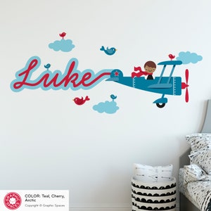 Airplane Boy Name Fabric Wall Decal Personalized Skywriter Cursive Script Travel Transportation Nursery Baby Kids REUSABLE Arctic