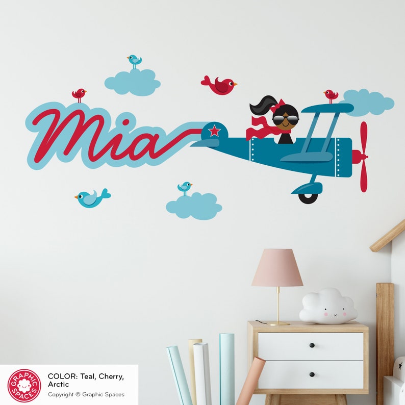 Airplane Girl Name Fabric Wall Decal Personalized Skywriter Cursive Script Travel Nursery Baby Kids REUSABLE image 7