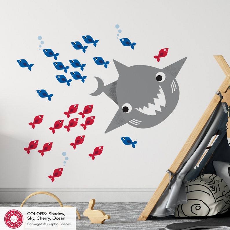Happy Shark & Fish Fabric Wall Decals: Ocean Sea Life Underwater Nursery REUSABLE image 1