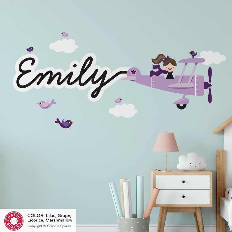 Airplane Girl Name Fabric Wall Decal Personalized Skywriter Cursive Script Travel Nursery Baby Kids REUSABLE image 2