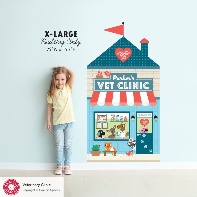 Vet Clinic Fabric Wall Decal, Personalized Kids Animal Hospital Happy Town City Building, Pretend & Dramatic Play, Reusable M, L, XL XL Bldg