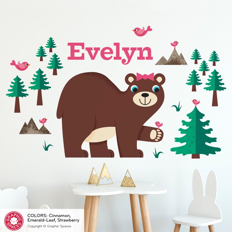 Happy Bear Nursery Fabric Wall Decal, Kids Personalized Name, Reusable Emerald-Leaf