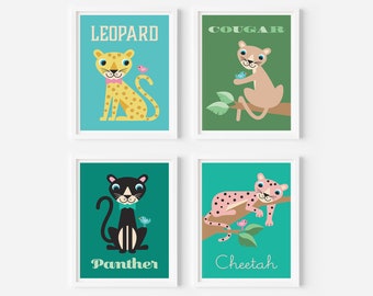 Wild Cats Nursery Art Print Collection, Baby Big Cats Jungle Safari Animal Posters - Set of 4 Prints