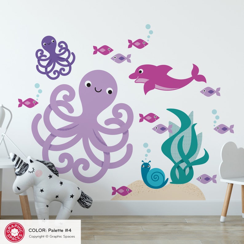 Octopus & Ocean Friends Fabric Wall Decals Under-the-Sea Nursery Kawaii Sea Life Underwater Kids Room Decor REUSABLE Palette #4