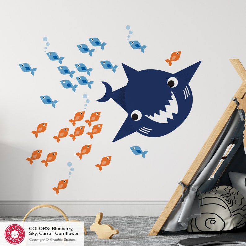 Happy Shark & Fish Fabric Wall Decals: Ocean Sea Life Underwater Nursery REUSABLE image 3