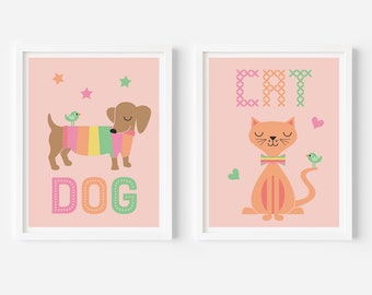 Dog & Cat Pastel Nursery Art Print Pair, Baby Kids Animal Posters - Set of 2 Prints