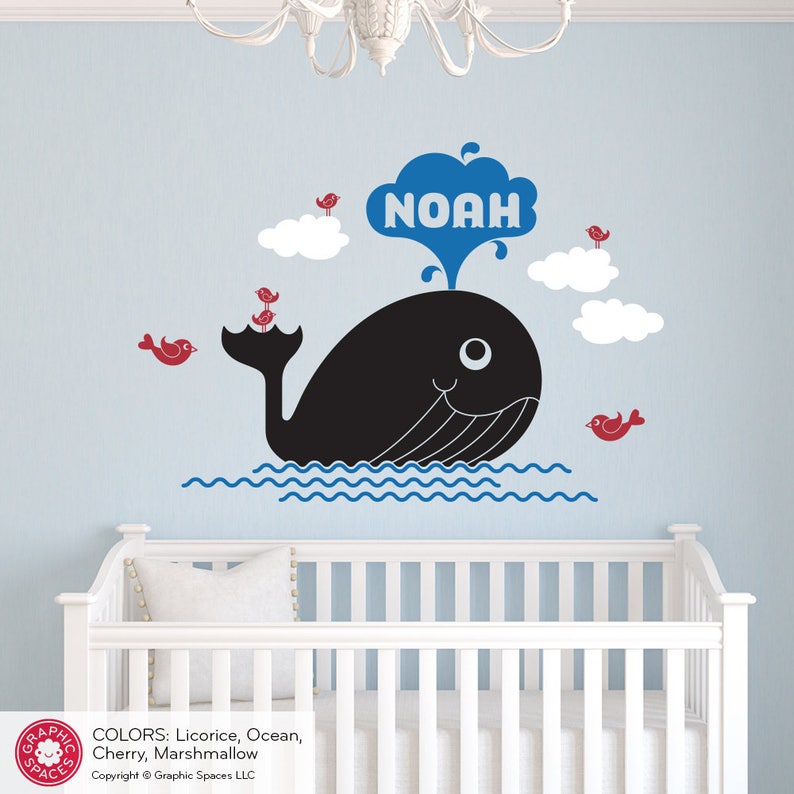 Baby Whale Sea Waves /& Stars Personalised Name Decal Nursery Wall Sticker