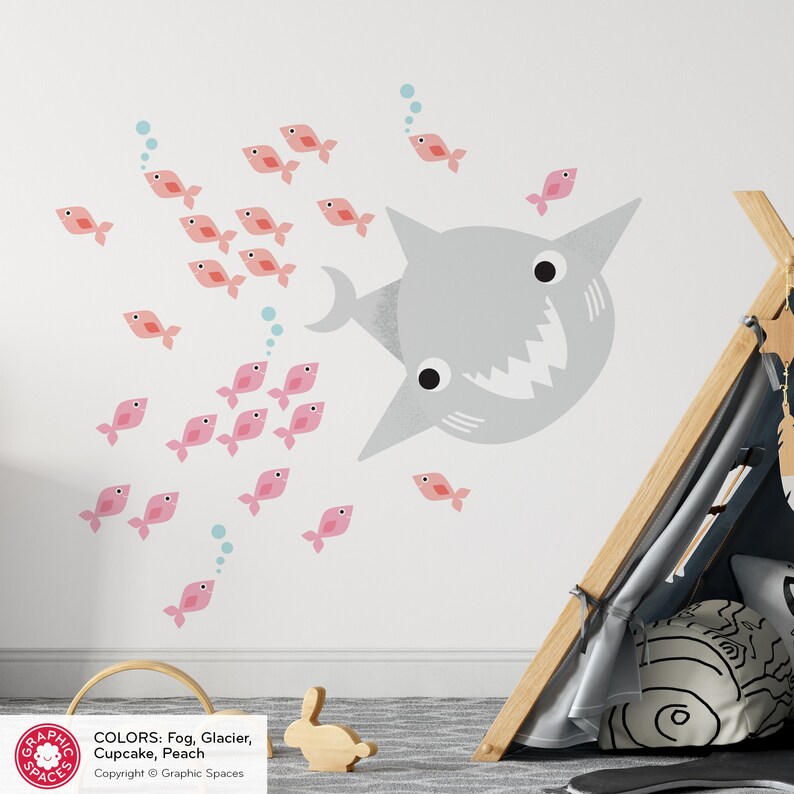 Happy Shark & Fish Fabric Wall Decals: Ocean Sea Life Underwater Nursery REUSABLE image 2