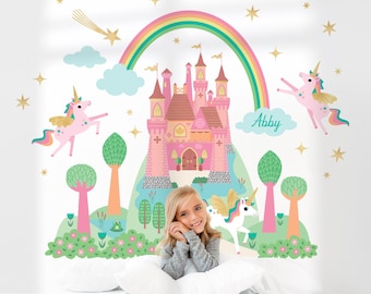 Castillo del Reino del Unicornio - Vinilo decorativo de tela - Habitación infantil de cuento de hadas personalizada (rosa) S, M, L