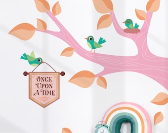 Rama de árbol de cuento de hadas - Vinilo decorativo de tela - Letrero "Érase una vez" (rosa)